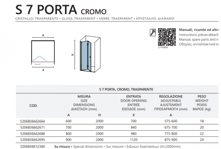 Tuš vrata S7 Porta 60x200 Cromo
