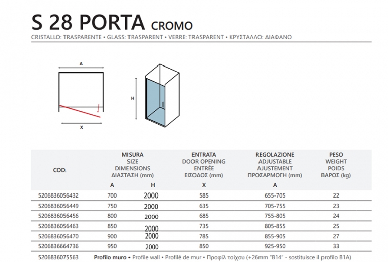 Tuš vrata S28 Alto Clear 85 Porta